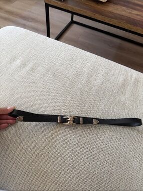 Black Leather Western-Inspired Belt with Gold Hardware